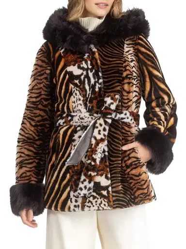 Gorski Women's Shearling Lamb Parka with Merinillo Shearling Lamb Hood Trim and Cuffs, Belt - Africa Print - Size XL | Thumbnail 2 Gorski Women's Shearling Lamb Parka with Merinillo Shearling Lamb Hood Trim and Cuffs, Belt - Africa Print - Size XL | Thumbnail 2