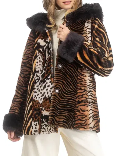 Gorski Women's Shearling Lamb Parka with Merinillo Shearling Lamb Hood Trim and Cuffs, Belt - Africa Print - Size XL | Thumbnail 3 Gorski Women's Shearling Lamb Parka with Merinillo Shearling Lamb Hood Trim and Cuffs, Belt - Africa Print - Size XL | Thumbnail 3