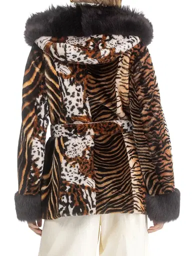 Gorski Women's Shearling Lamb Parka with Merinillo Shearling Lamb Hood Trim and Cuffs, Belt - Africa Print - Size XL | Thumbnail 4 Gorski Women's Shearling Lamb Parka with Merinillo Shearling Lamb Hood Trim and Cuffs, Belt - Africa Print - Size XL | Thumbnail 4