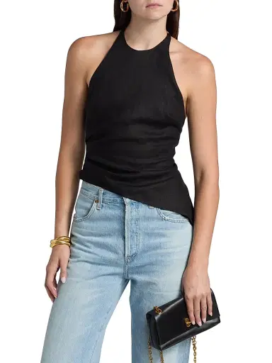 Reformation Women's Reese Linen Asymmetric Halter Top - Black - Size 12 | Thumbnail 3