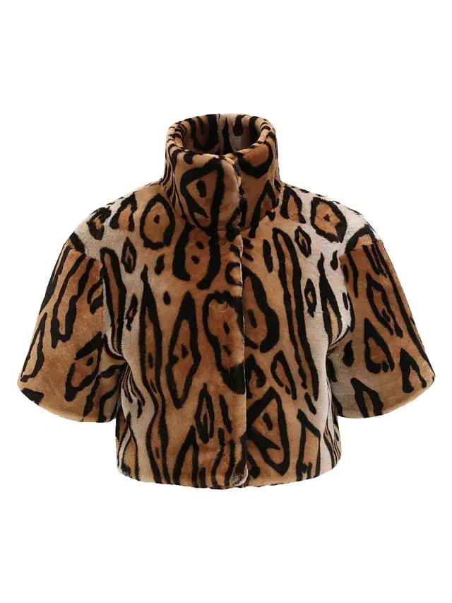 Gorski Women's Select Shearling Lamb Bolero with Cropped Sleeves - Ocelo Print - Size Large
