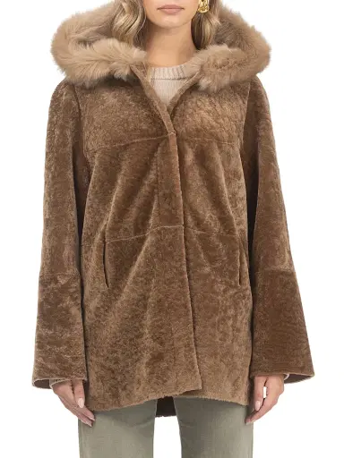 Gorski Women's Reversible Textured Shearling Lamb Parka with Merinillo Shearling Lamb Hood Trim - Camel - Size Large | Thumbnail 2 Gorski Women's Reversible Textured Shearling Lamb Parka with Merinillo Shearling Lamb Hood Trim - Camel - Size Large | Thumbnail 2