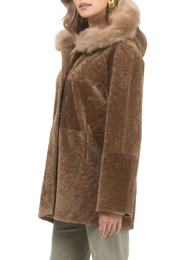 Gorski Women's Reversible Textured Shearling Lamb Parka with Merinillo Shearling Lamb Hood Trim - Camel - Size Large | Thumbnail 3 Gorski Women's Reversible Textured Shearling Lamb Parka with Merinillo Shearling Lamb Hood Trim - Camel - Size Large | Thumbnail 3