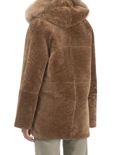 Gorski Women's Reversible Textured Shearling Lamb Parka with Merinillo Shearling Lamb Hood Trim - Camel - Size Large | Thumbnail 4 Gorski Women's Reversible Textured Shearling Lamb Parka with Merinillo Shearling Lamb Hood Trim - Camel - Size Large | Thumbnail 4