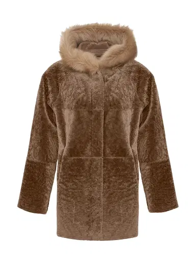 Gorski Women's Reversible Textured Shearling Lamb Parka with Merinillo Shearling Lamb Hood Trim - Camel - Size Large | Thumbnail 1 Gorski Women's Reversible Textured Shearling Lamb Parka with Merinillo Shearling Lamb Hood Trim - Camel - Size Large | Thumbnail 1