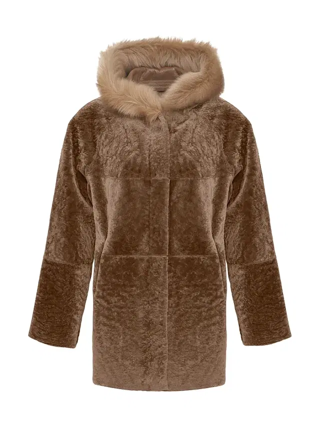 Gorski Women's Reversible Textured Shearling Lamb Parka with Merinillo Shearling Lamb Hood Trim - Camel - Size Large