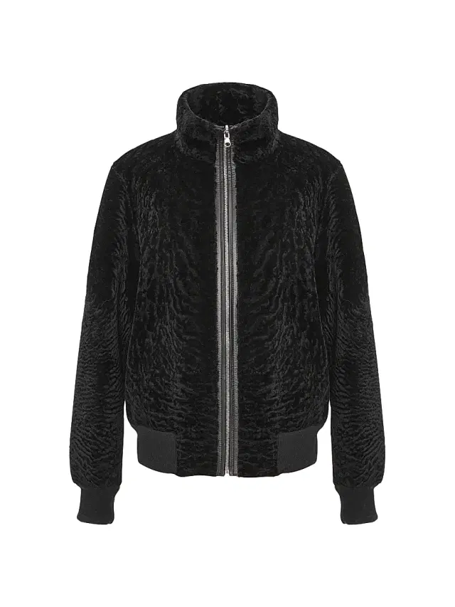 Women's Reversible Textured Shearling Lamb Bomber Jacket - Black