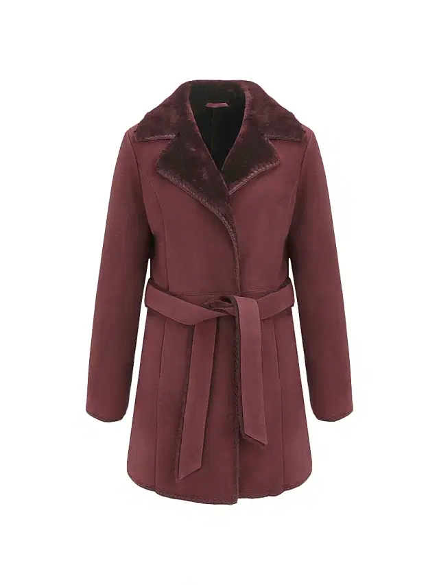 Women's Merino Shearling Lamb Stroller with Embroidered Trim Belt - Burgundy