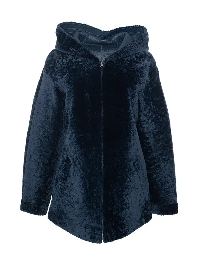 Women's Textured Reversible Shearling Lamb Zip Parka - Navy