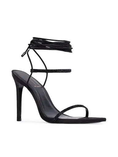 Black Suede Studio Women's Lauren 100MM Strappy Sandals - Black Satin Embellished - Size 6 | Thumbnail 2