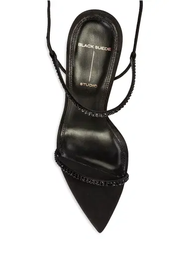 Black Suede Studio Women's Lauren 100MM Strappy Sandals - Black Satin Embellished - Size 6 | Thumbnail 3