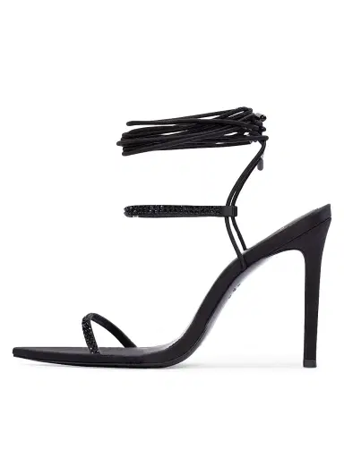 Black Suede Studio Women's Lauren 100MM Strappy Sandals - Black Satin Embellished - Size 6 | Thumbnail 4
