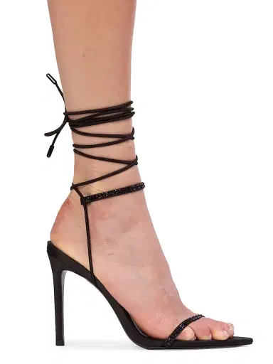 Black Suede Studio Women's Lauren 100MM Strappy Sandals - Black Satin Embellished - Size 6 | Thumbnail 6