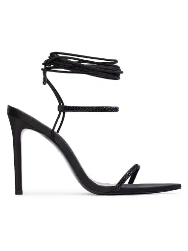 Black Suede Studio Women's Lauren 100MM Strappy Sandals - Black Satin Embellished - Size 6 | Thumbnail 1