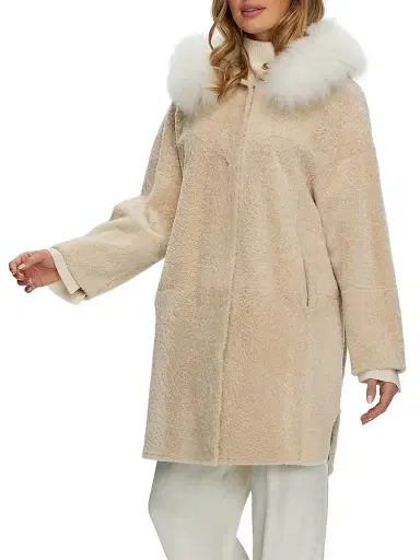 Gorski Women's Reversible New Zealand Shearling Lamb Stroller with Select Mongolian Lamb Hood Trim - Beige - Size Medium | Thumbnail 3 Gorski Women's Reversible New Zealand Shearling Lamb Stroller with Select Mongolian Lamb Hood Trim - Beige - Size Medium | Thumbnail 3