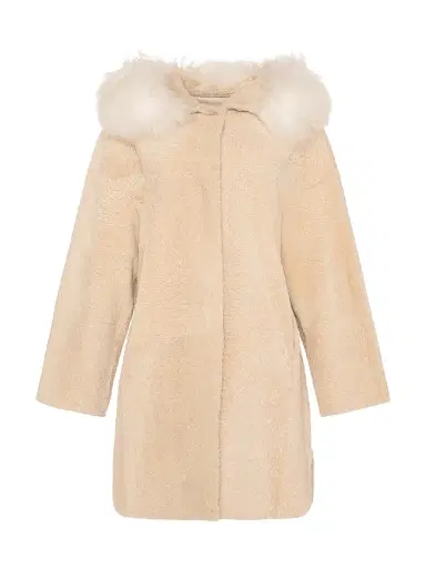 Gorski Women's Reversible New Zealand Shearling Lamb Stroller with Select Mongolian Lamb Hood Trim - Beige - Size Medium | Thumbnail 1 Gorski Women's Reversible New Zealand Shearling Lamb Stroller with Select Mongolian Lamb Hood Trim - Beige - Size Medium | Thumbnail 1