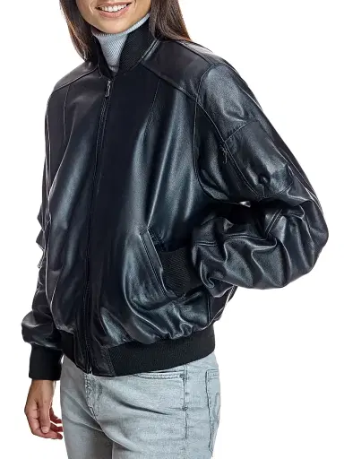 Maximilian Women's Oversized Leather Bomber - Black | Thumbnail 3 Maximilian Women's Oversized Leather Bomber - Black | Thumbnail 3