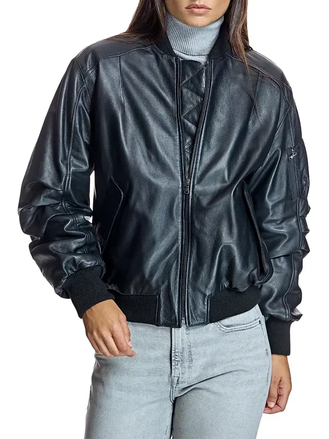 Women's Oversized Leather Bomber - Black