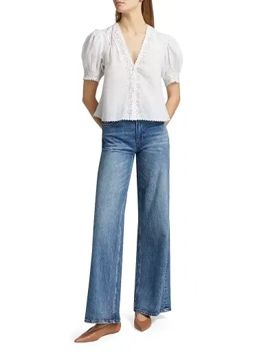 DÔEN Women's Brigetta Eyelet-Trim Linen Puff Sleeve Top - Salt - Size Large | Thumbnail 2
