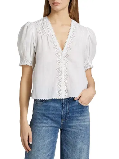 DÔEN Women's Brigetta Eyelet-Trim Linen Puff Sleeve Top - Salt - Size Large | Thumbnail 3