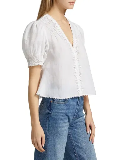 DÔEN Women's Brigetta Eyelet-Trim Linen Puff Sleeve Top - Salt - Size Large | Thumbnail 4