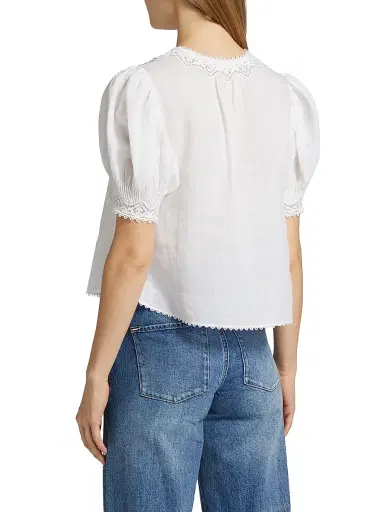 DÔEN Women's Brigetta Eyelet-Trim Linen Puff Sleeve Top - Salt - Size Large | Thumbnail 5