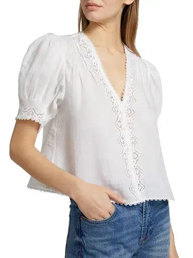 DÔEN Women's Brigetta Eyelet-Trim Linen Puff Sleeve Top - Salt - Size Large | Thumbnail 6