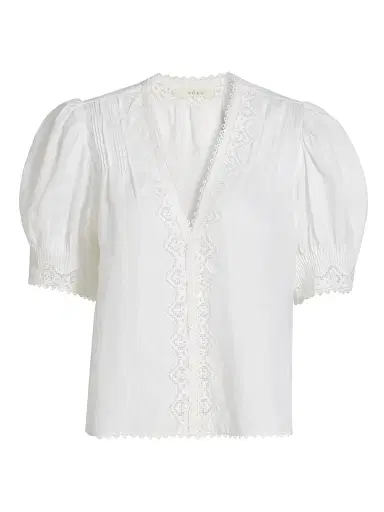 DÔEN Women's Brigetta Eyelet-Trim Linen Puff Sleeve Top - Salt - Size Large | Thumbnail 1