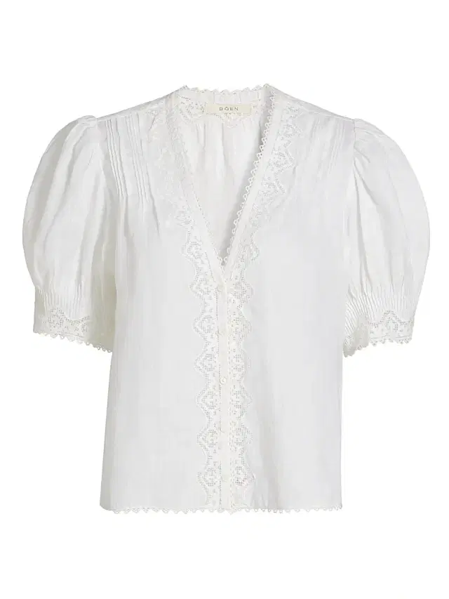 DÔEN Women's Brigetta Eyelet-Trim Linen Puff Sleeve Top - Salt