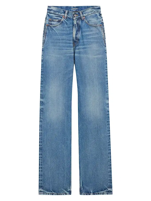 Saint Laurent Women's V-Waist Long Baggy Jeans - Blue