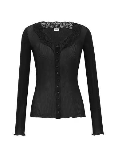 Saint Laurent Women's Laced Cardigan in Ribbed Silk - Black | Thumbnail 1