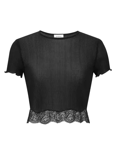 Saint Laurent Women's Laced T-Shirt in Ribbed Silk - Black - Size Medium | Thumbnail 1 Saint Laurent Women's Laced T-Shirt in Ribbed Silk - Black - Size Medium | Thumbnail 1