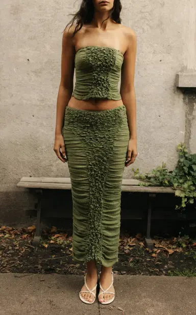 TG Botanical Shani Ruched Cotton Strapless Top - Green | Thumbnail 3