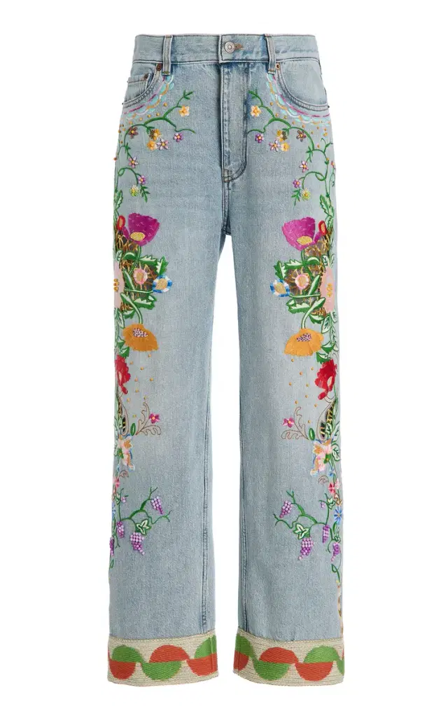Embroidered Rigid High-Rise Straight-Leg Jeans - Light Wash