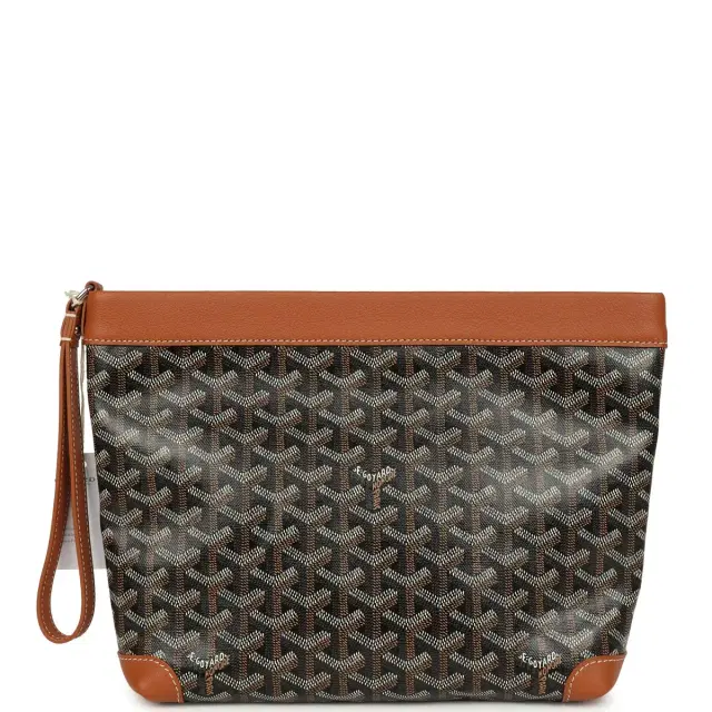 goyard Goyard Goyardine Canvas Black and Tan Conti Pouch Palladium Hardware