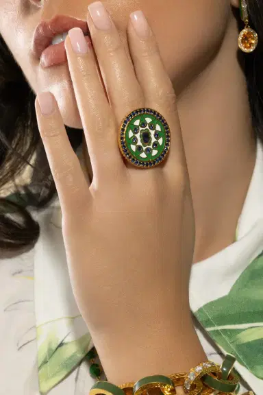 BUDDHA MAMA Blue Sapphire Kelly Green Mandala Coin Ring | Thumbnail 2