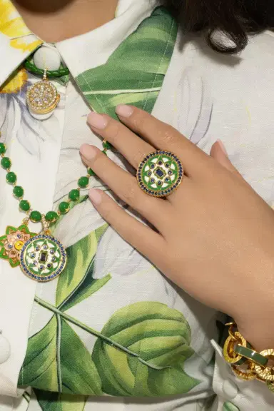 BUDDHA MAMA Blue Sapphire Kelly Green Mandala Coin Ring | Thumbnail 3