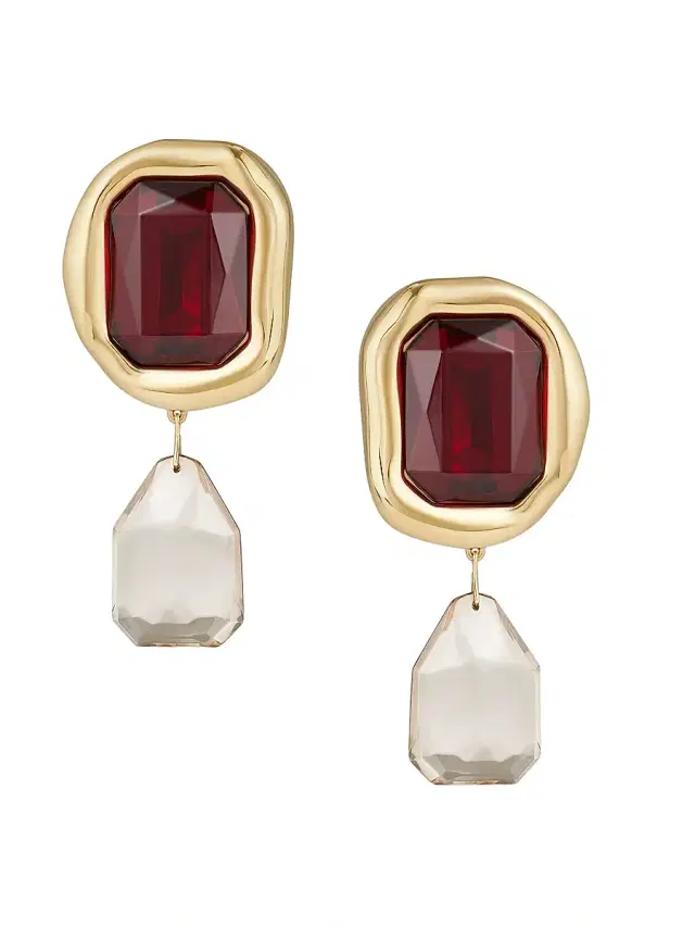 Women's Sculptural Crystal Clip Earrings - Gold Red