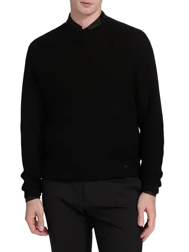 Emporio Armani Men's Tonal Basket Weave Virgin Wool Sweater - Black - Size XXL | Thumbnail 3 Emporio Armani Men's Tonal Basket Weave Virgin Wool Sweater - Black - Size XXL | Thumbnail 3