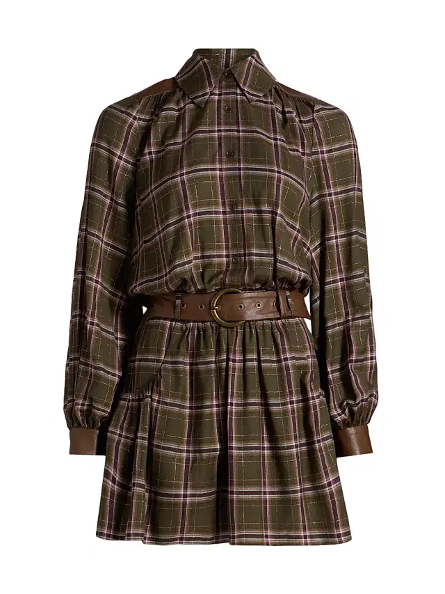 Ramy Brook Women's Jim Check Belted Mini-Shirtdress - Deep Olive Plaid