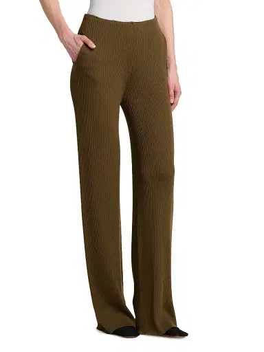 Stella McCartney Women's Light Ribbed Wool Straight Trousers - Olive | Thumbnail 4