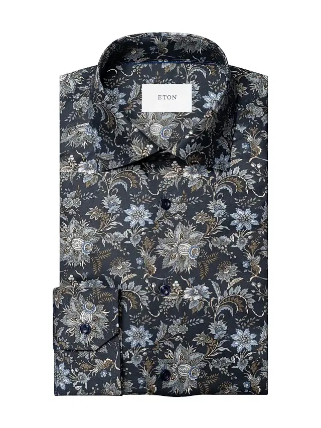 Men's Slim-Fit Floral Cotton Twill Shirt - Navy