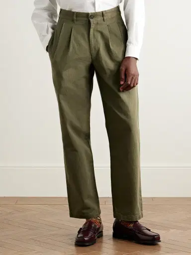 Noah Straight-Leg Pleated Herringbone Cotton Trousers - Men | Thumbnail 3