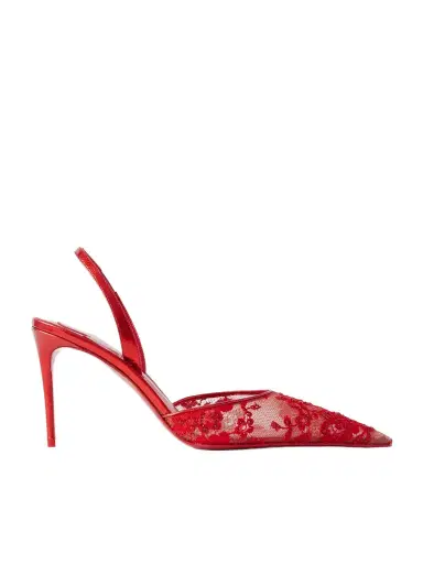 Christian Louboutin Kate Max Metallic Leather-trimmed Crystal-embellished Lace Slingback Sandals | Thumbnail 1 Christian Louboutin Kate Max Metallic Leather-trimmed Crystal-embellished Lace Slingback Sandals | Thumbnail 1