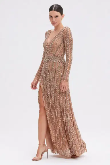 PatBo FULLY BEADED LONG SLEEVE MAXI DRESS | Thumbnail 3