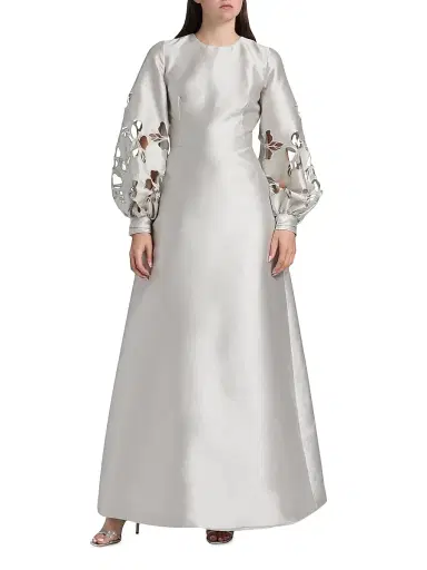 Reem Acra Women's Satin Floral Cut-Out Bishop Sleeves Gown - Silver | Thumbnail 3 Reem Acra Women's Satin Floral Cut-Out Bishop Sleeves Gown - Silver | Thumbnail 3