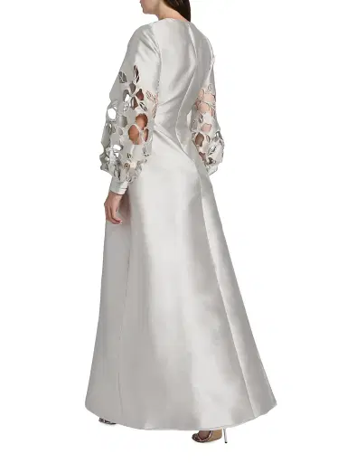 Reem Acra Women's Satin Floral Cut-Out Bishop Sleeves Gown - Silver | Thumbnail 5 Reem Acra Women's Satin Floral Cut-Out Bishop Sleeves Gown - Silver | Thumbnail 5