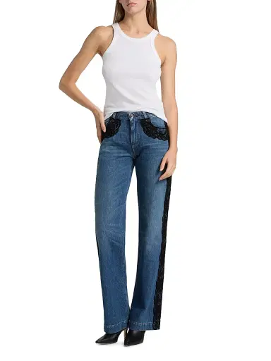 Dolce & Gabbana Women's Lace-Trimmed Straight Mid-Rise Jeans - Navy - Size 12 | Thumbnail 2
