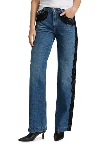 Dolce & Gabbana Women's Lace-Trimmed Straight Mid-Rise Jeans - Navy - Size 12 | Thumbnail 3