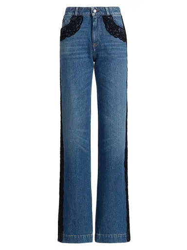 Dolce & Gabbana Women's Lace-Trimmed Straight Mid-Rise Jeans - Navy - Size 12 | Thumbnail 1